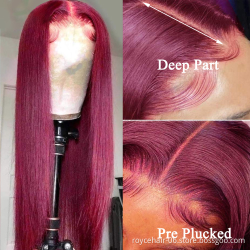Long 99J Human Hair Wigs, Factory Price Bone Straight Long Hair Wig Supplier, Pre Plucked 13x6 Transparent Lace Front Wig